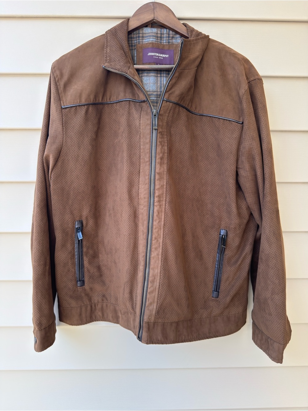 Johnston & Murphy Men’s Brown Faux Suede Jacket Plaid Lined Size L